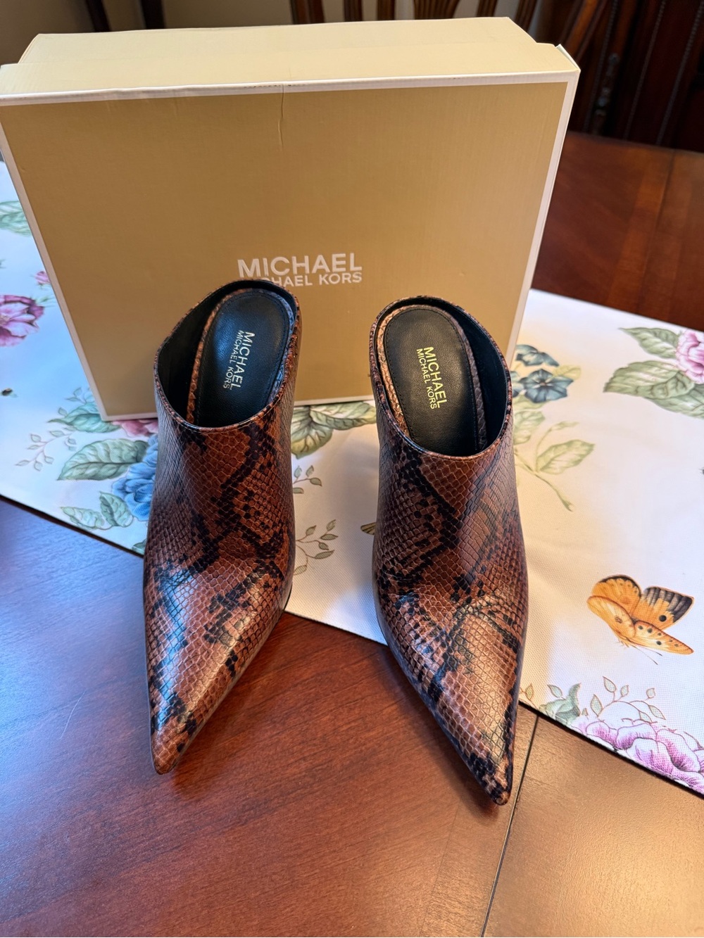 Michael Kors Brown Snake-Print Pointed Toe Mule Slides